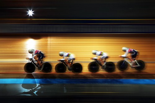 Elinor Barker leads team mates Katie Archbald, Joanna Rowsell and Laura Trott during qualifying for the women's team pursuit on day one of the 2013 European championships at Apeldoorn in the Netherlands